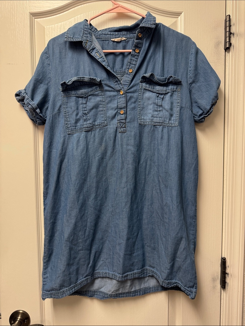 Light Blue Denim Tunic Top - Casual Pocket Shirt